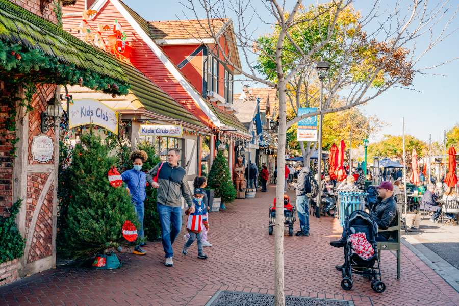 Christmas trees and holiday decorations on the main street in Solvang, California